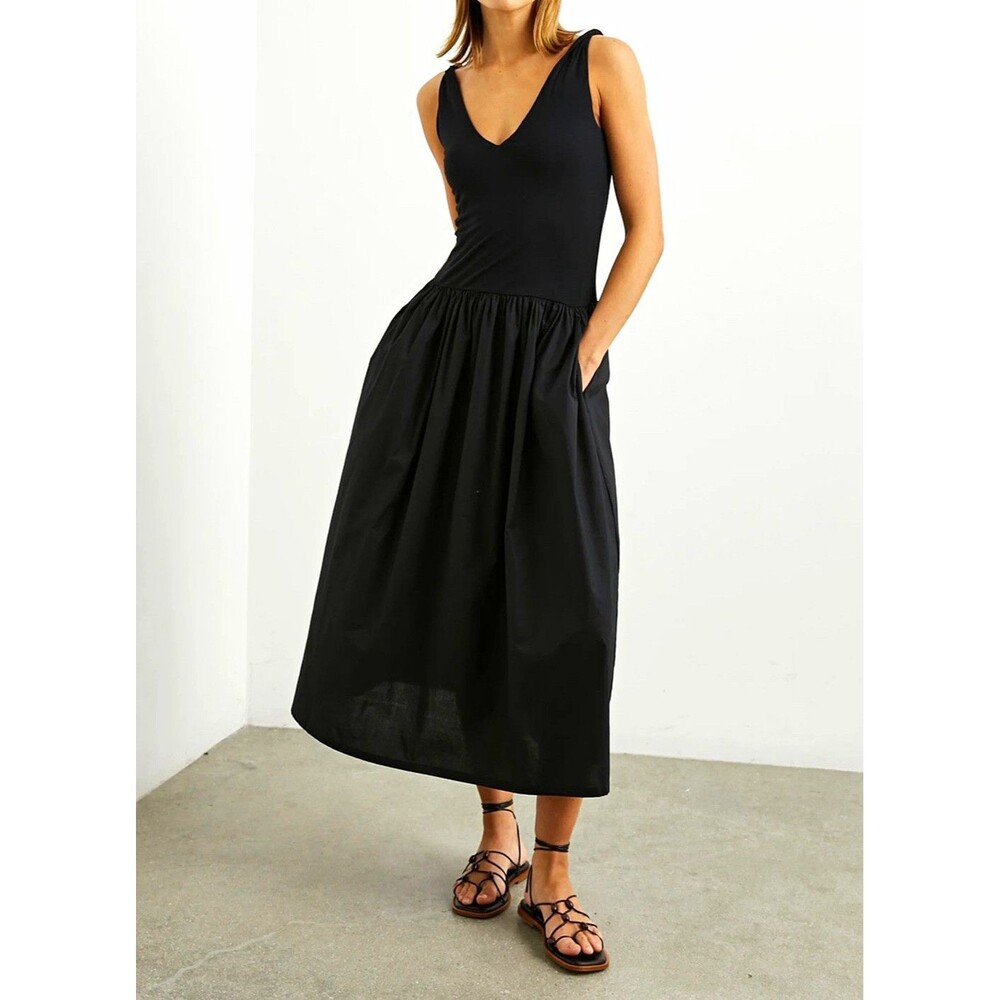 Rails Franca Black V-Neck Midi A-Line Dress Sleeveless Pockets Size M